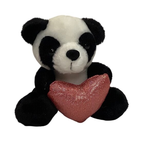 Smiling Panda Hold Glitter Pink Heart Stuffed Animal Plush 4.5” 2010 B&B Toymake - Picture 1 of 5